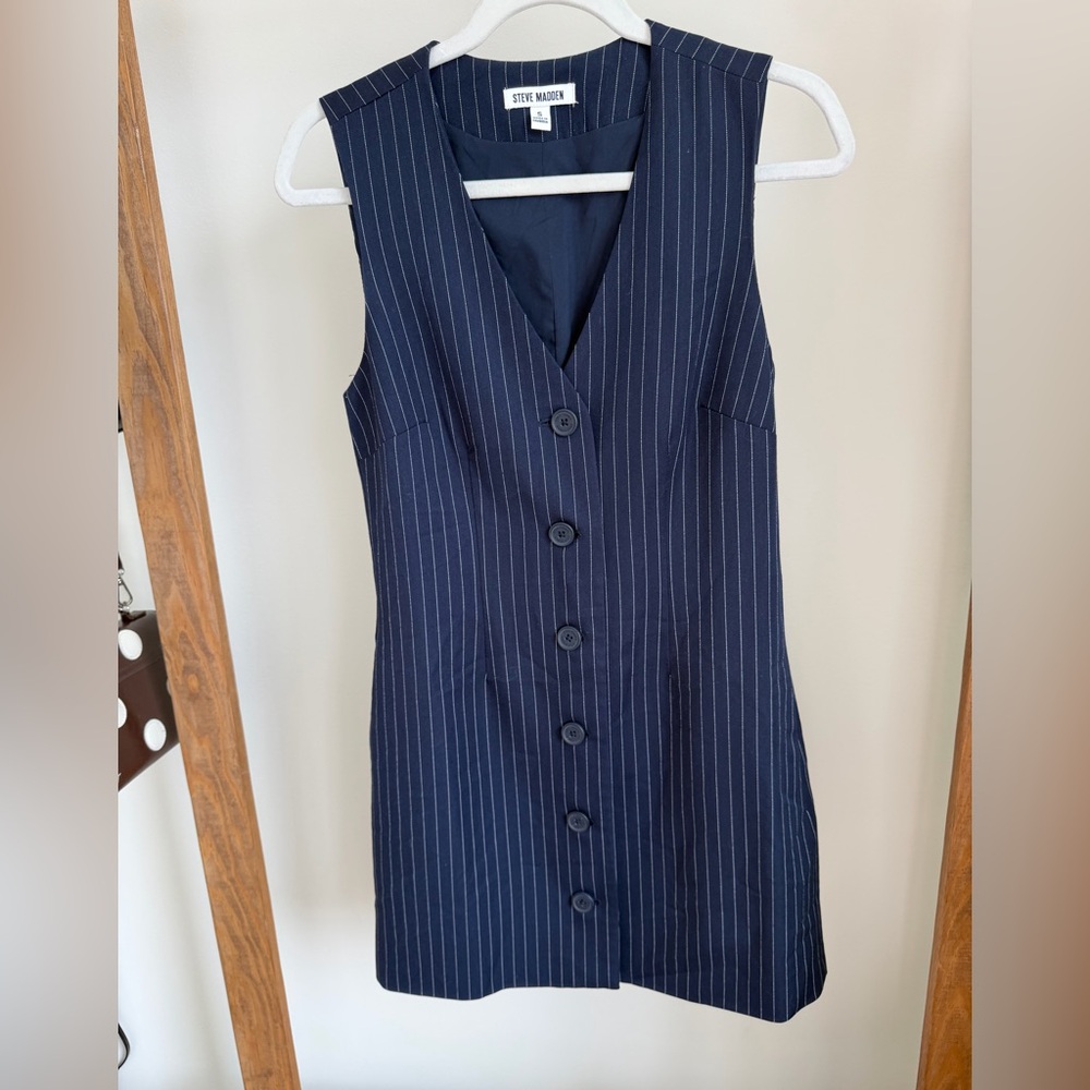 Steve Madden Navy Pinstripe Vest Dress with White Stripes